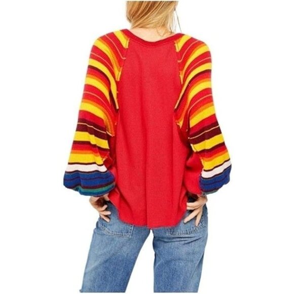Free People Womens Red Color Block Striped Long Sleeve Jewel Neck Sweater Size X - Picture 3 of 8